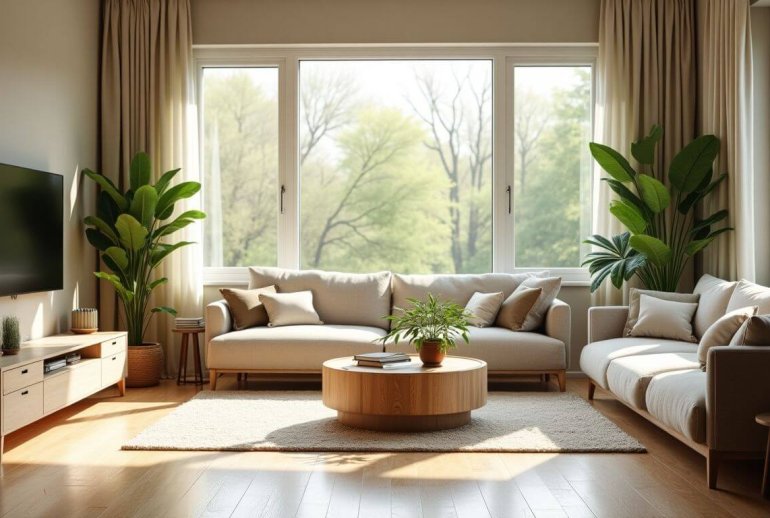 Cozy living room with energy-efficient appliances and indoor plants.