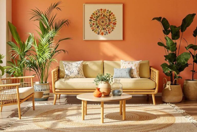 Eco-friendly home decor with plants and sustainable materials.