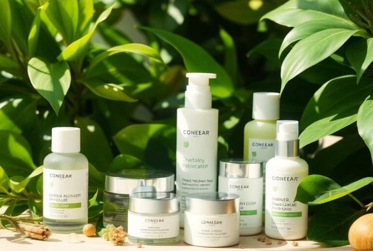 Eco skincare products with natural elements and soft sunlight.