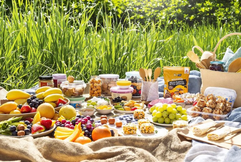 Lush picnic with sustainable snacks.