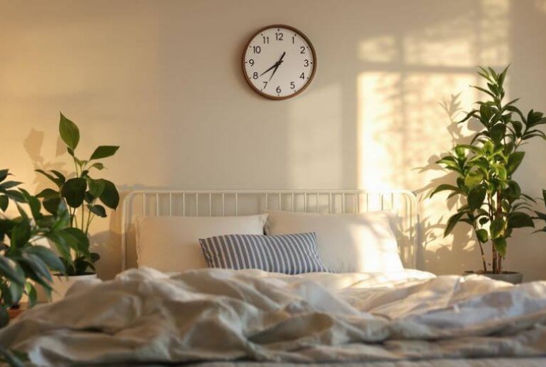 Bedroom with plants, clock, and calming lighting.