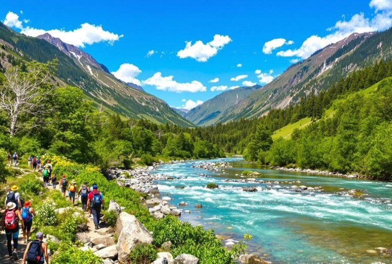 Adventurers hiking in a lush green forest landscape.