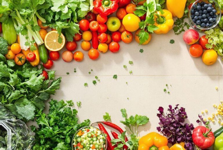 Fresh produce and scraps in a sustainable kitchen.