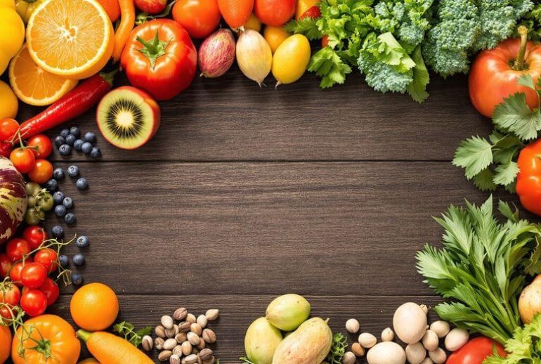 Colorful fruits and vegetables on a wooden table.