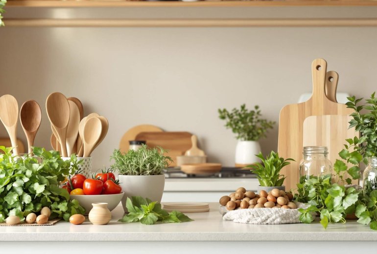 Eco-friendly kitchen with fresh produce and sustainable tools.
