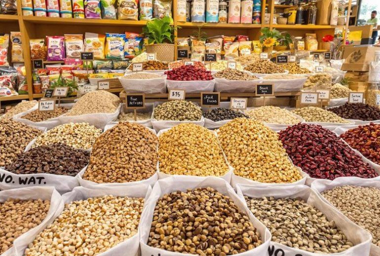Colorful bulk food bins in a sustainable store.
