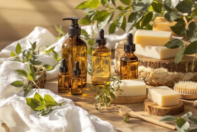 Natural skincare essentials on a rustic wooden table.
