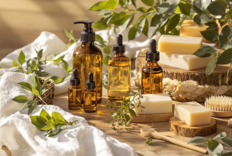 Natural skincare essentials on a rustic wooden table.
