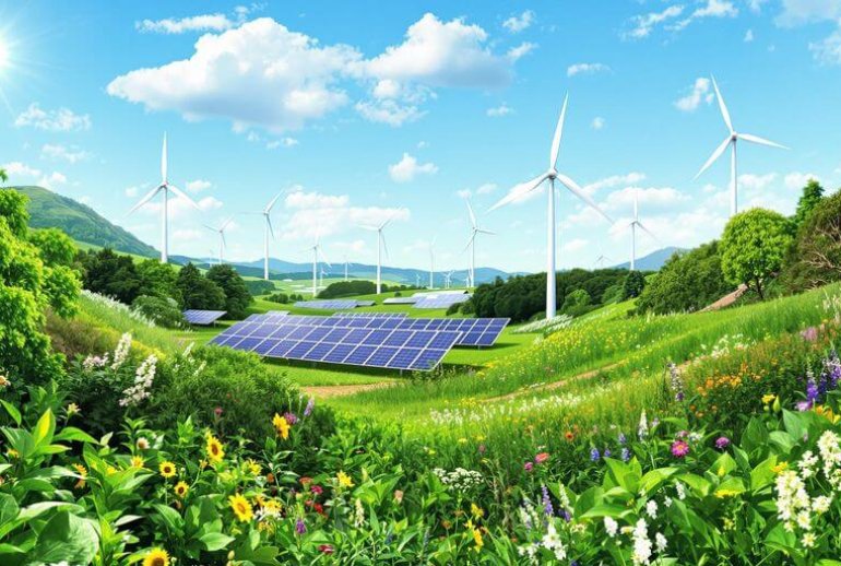 Lush green landscape with solar panels and wind turbines.