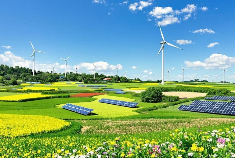 Lush green landscape with solar panels and wind turbines.