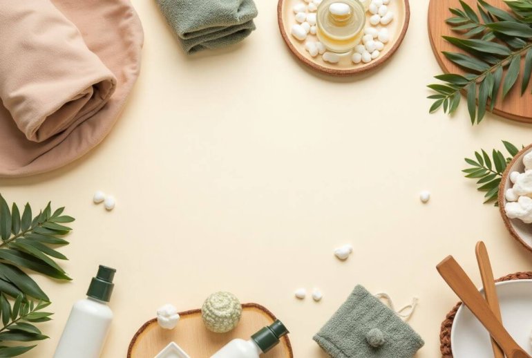 Eco-friendly wellness products displayed on a soft background.