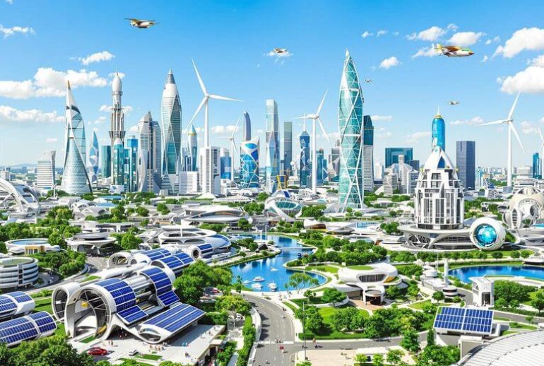 Futuristic city skyline with advanced architecture and flying vehicles.
