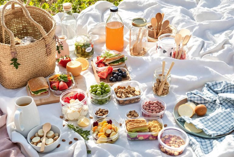 Eco-friendly picnic with fresh food and reusable items.