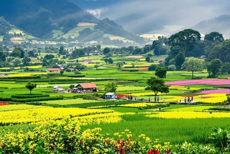 Farmers and tourists enjoying sustainable agriculture together.