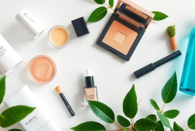 Minimalist clean makeup setup with natural products and tools.