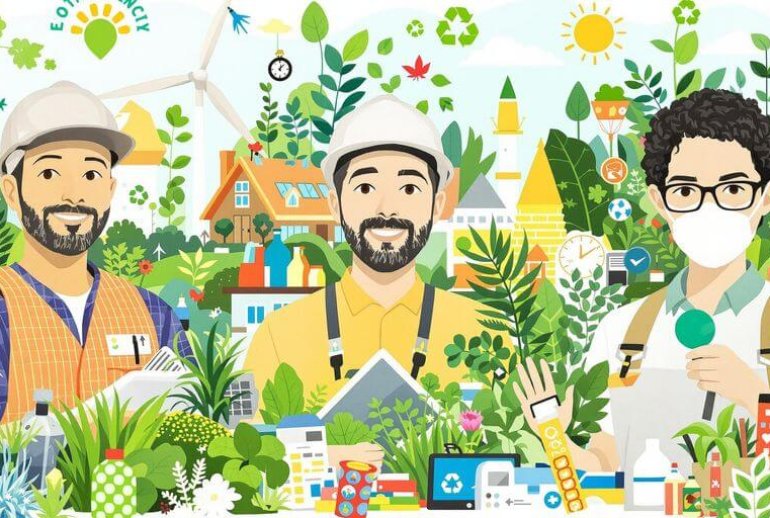 Collage of eco-friendly jobs and sustainability elements.