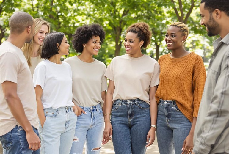 A diverse group of people wearing stylish, everyday ethical fashion.