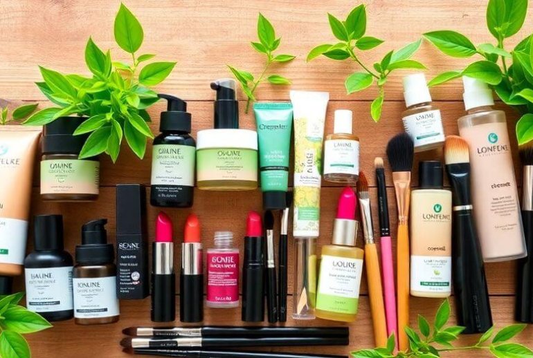 Colorful eco cosmetics on a wooden surface with plants.