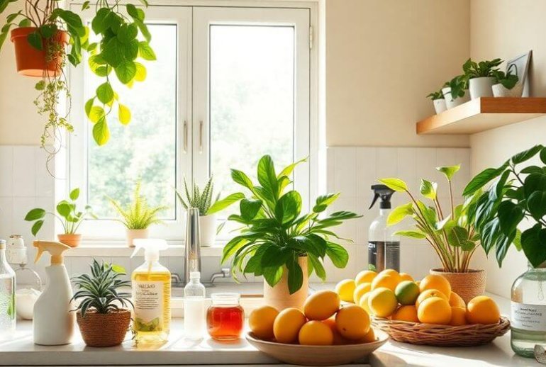 Bright kitchen with plants and nontoxic living essentials.