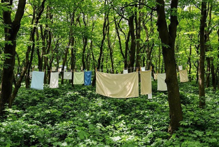 Sustainable textiles in a green forest setting.