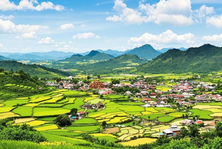 Lush rice terraces and ancient temples in Vietnam.