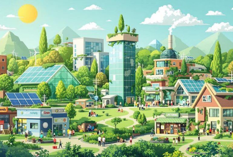 Lush green environment with eco-friendly businesses and people.