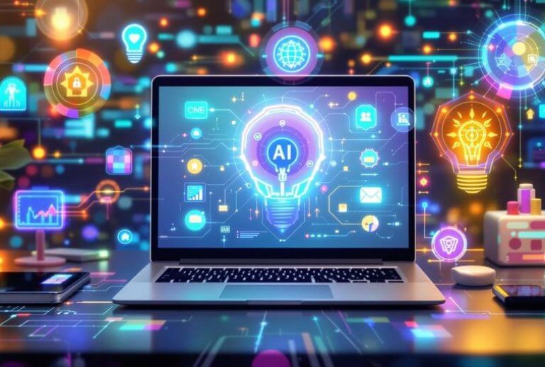 Futuristic workspace with AI icons and digital elements.