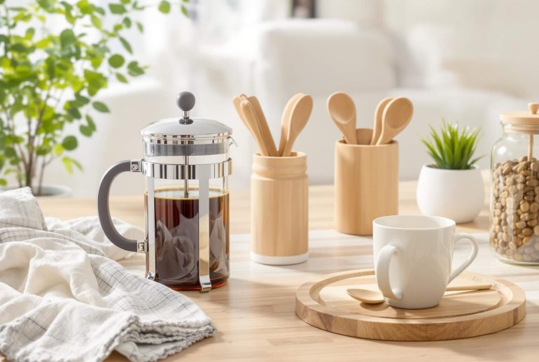 Sustainable coffee setup with natural elements.