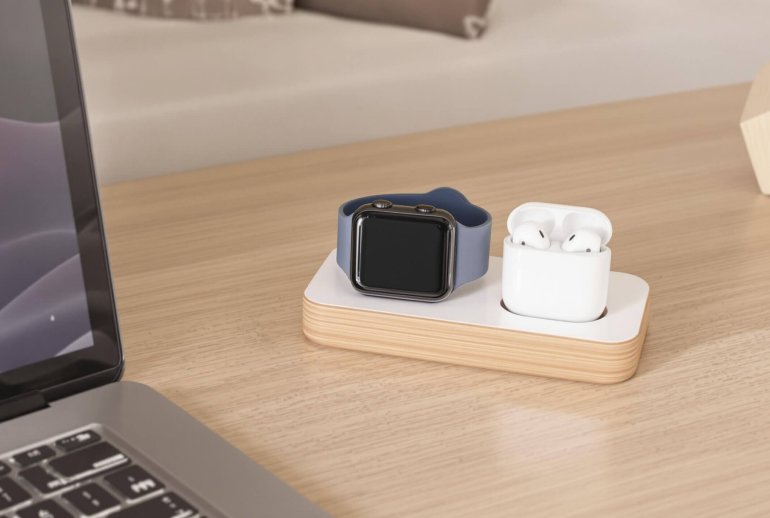 Sleek charging station with Apple devices.