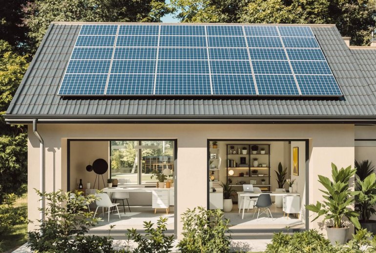 Solar panels on a modern home, stylish home office.