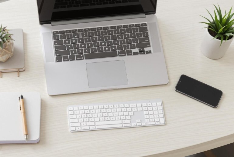 Clean desk with laptop, phone, plant.