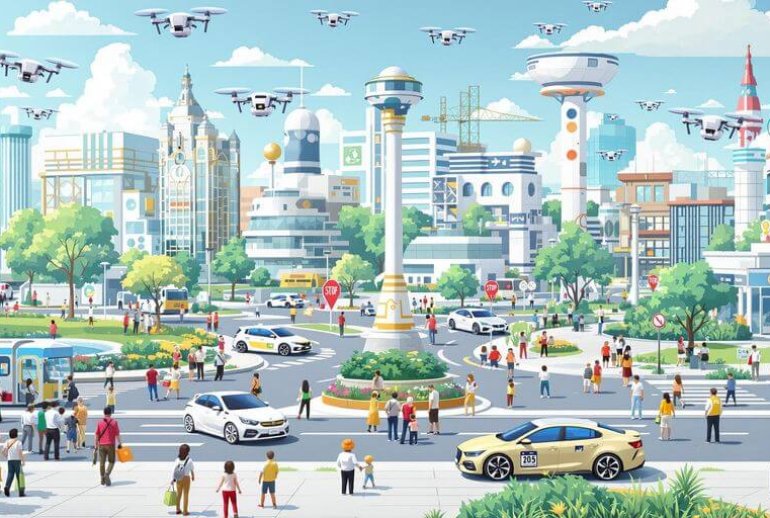 Futuristic city with drones and robots in 2025.