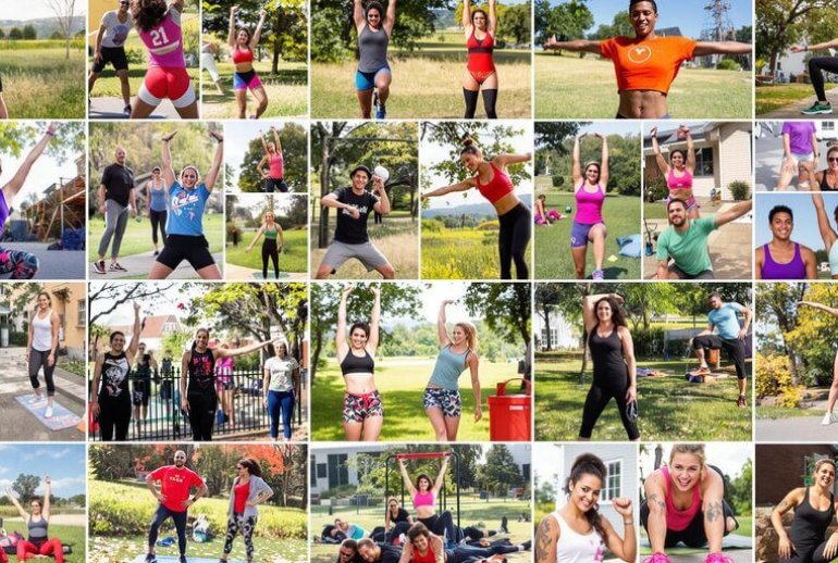 Diverse individuals exercising outdoors with enthusiasm and energy.