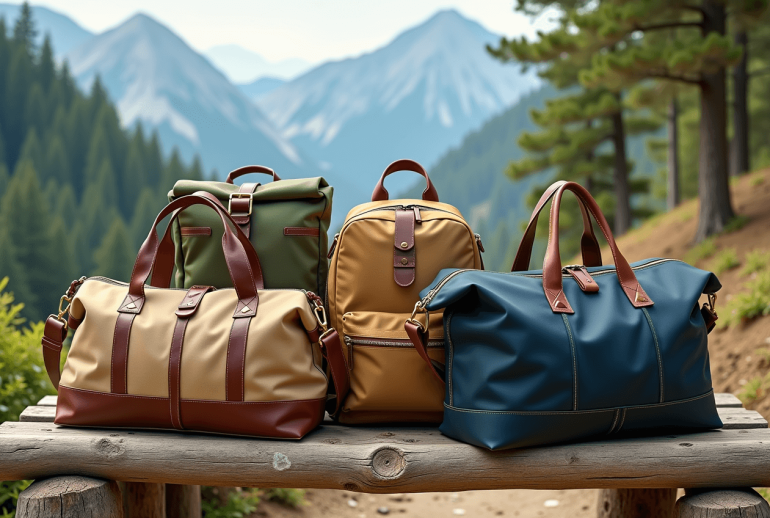 A collection of eco-friendly travel bags made from recycled and organic materials, displayed in a nature-inspired setting, perfect for sustainable travelers in 2025