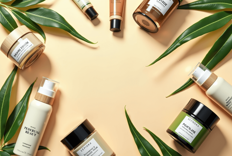A curated selection of eco-friendly beauty products from Sephora, including sustainable skincare and organic makeup, elegantly arranged with natural elements to highlight clean beauty in 2025