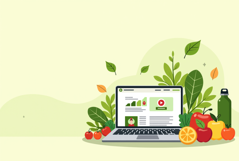 A modern and eco-conscious digital illustration featuring a laptop displaying an online nutrition course with interactive elements like a certification badge and progress tracker. Surrounding the laptop are fresh organic vegetables, plant-based foods, and sustainable elements such as a reusable water bottle and a green leaf icon. The background has earthy tones of green, beige, and brown, reflecting a natural and holistic theme