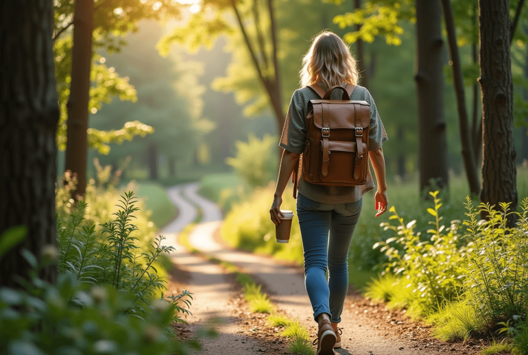 A budget traveler walks along a winding, leaf-covered path in a sunlit forest at dawn. They wear eco-friendly clothing, carry a minimalist, sustainably crafted backpack, and hold a reusable coffee cup, embodying the spirit of sustainable, cost-effective travel.