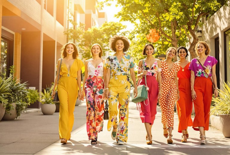 Diverse models in bright, eco-friendly outfits on a sunny urban street.