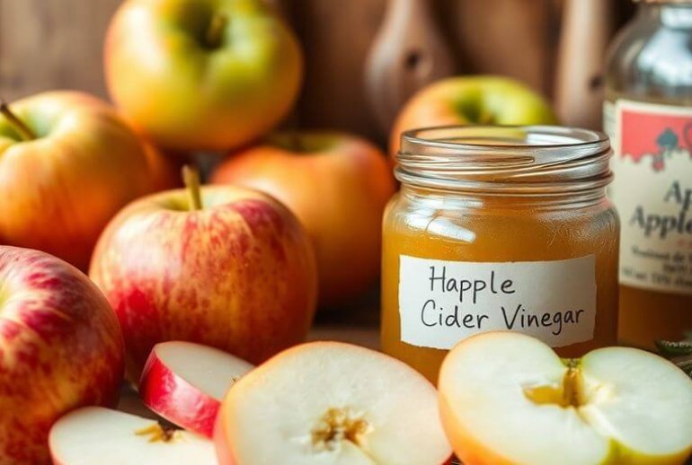 Fresh apples and homemade apple cider vinegar in a jar.