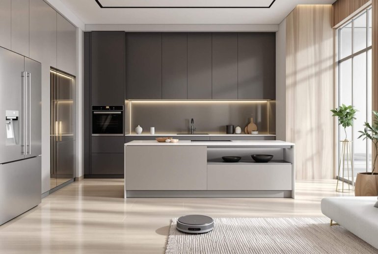 Modern home interior, smart appliances.