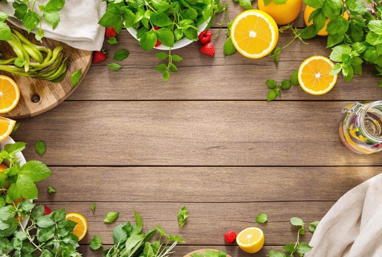 Fresh herbs, fruits, and detox water on a rustic table.