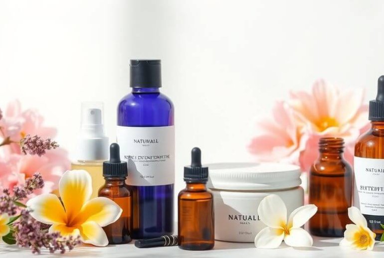 Holistic skincare setup with natural products and flowers.