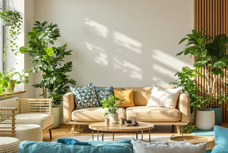 Eco-friendly living room with plants and sustainable furniture.