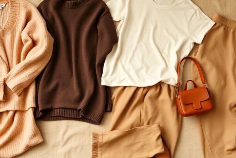 Cozy sustainable outfits arranged in a flat lay style.