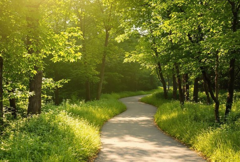 A winding path through a peaceful green landscape.