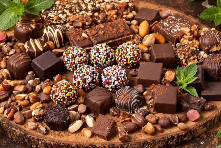 Vegan chocolate candies on a wooden platter with mint.