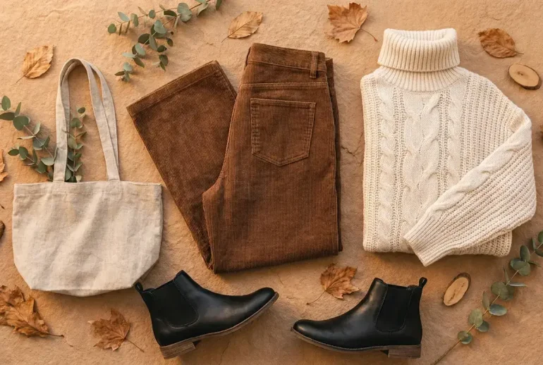 Sustainable corduroy pants outfit ideas with turtleneck, chelsea boots and tote bag