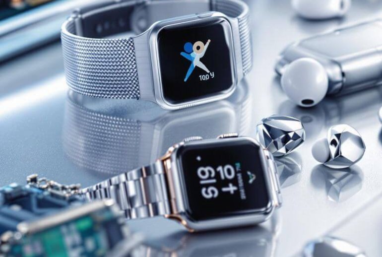 Assorted wearable tech devices on a futuristic surface.