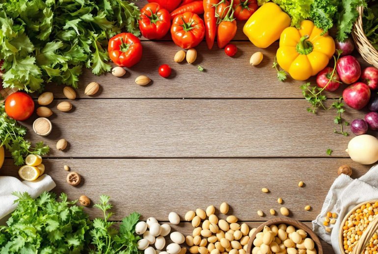 Vibrant natural foods on rustic table.