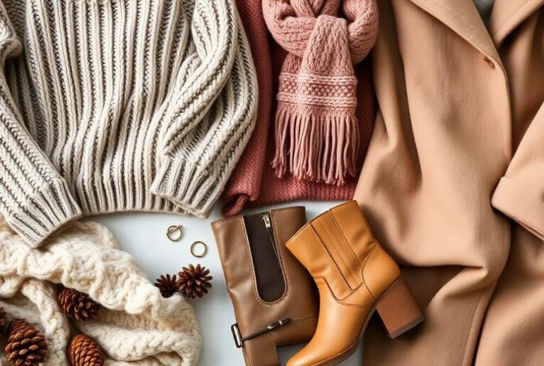 Sustainable winter fashion items: sweater, boots, coat.